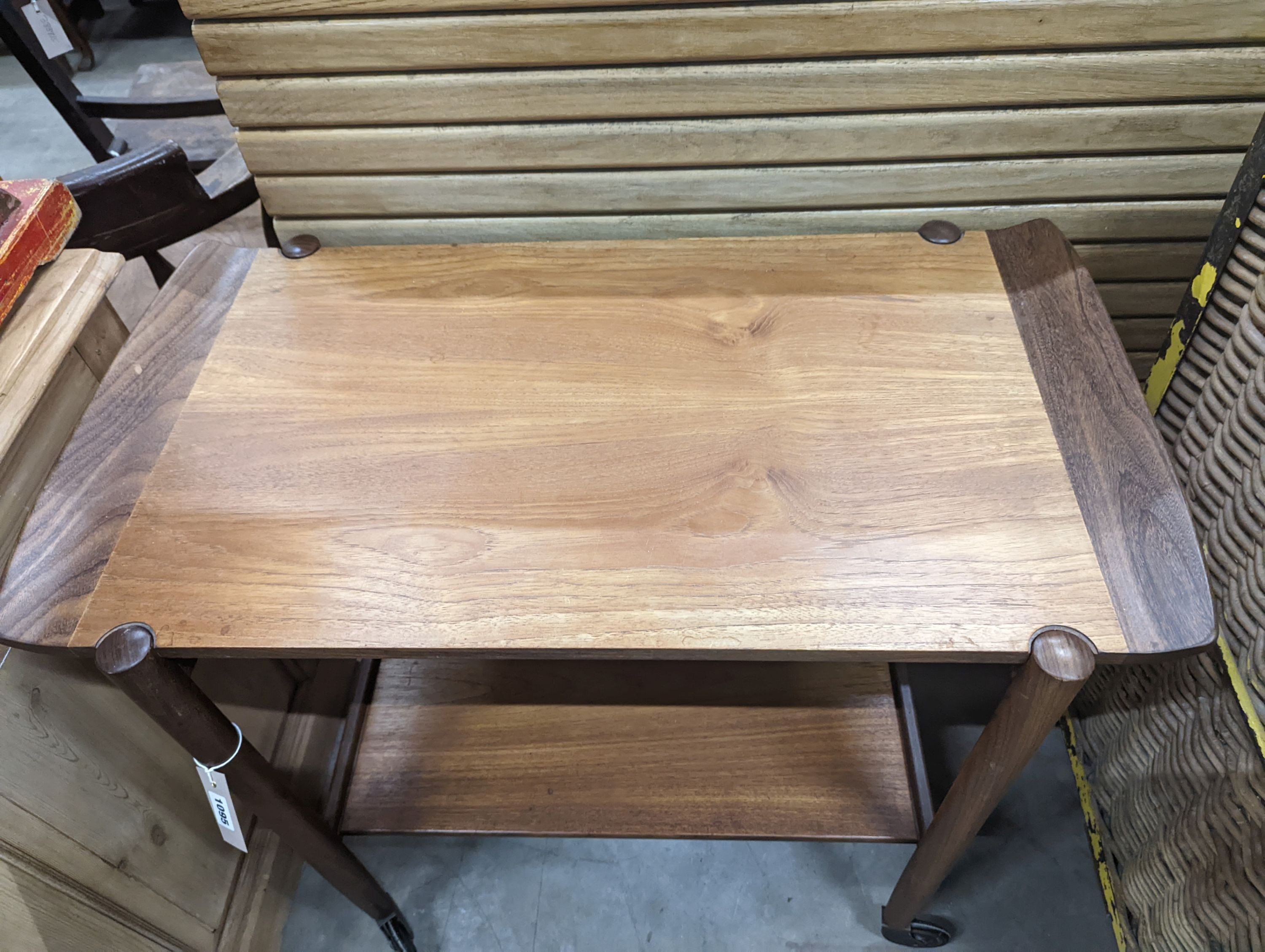 A mid century design teak two tier tea trolley, length 79cm, depth 46cm, height 70cm